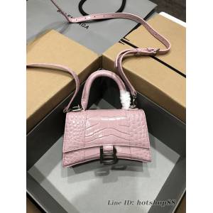 Balenciaga專櫃爆款小號手提女包 巴黎世家鱷魚胭脂粉銀扣Hourglass沙漏包 fyj1633