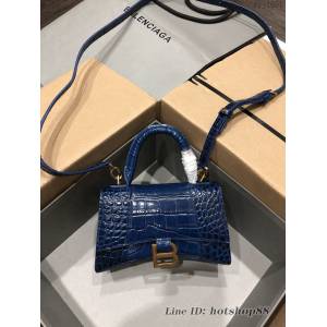 Balenciaga專櫃爆款小號手提女包 巴黎世家鱷魚寶藍色金扣Hourglass沙漏包 fyj1651