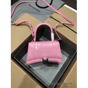 Balenciaga專櫃爆款大號手提女包 巴黎世家升級版鱷魚新粉色銀扣Hourglass沙漏包 fyj1652