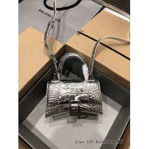 Balenciaga專櫃爆款小號手提女包 巴黎世家鱷魚銀色銀扣Hourglass沙漏包 fyj1659