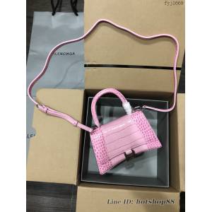 Balenciaga專櫃爆款小號手提女包 巴黎世家鱷魚櫻花粉Hourglass沙漏包 fyj1669