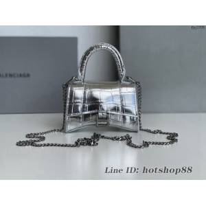 Balenciaga專櫃爆款mini鏈條手提肩背包 巴黎世家鱷魚紋銀色Nano超迷你沙漏包 fyj1705
