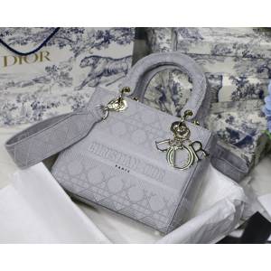 Dior專櫃2022最新系列女包 灰色 迪奧Lady刺繡菱格系列手提肩背包 fkd1062