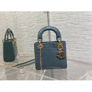 Dior專櫃2022新款戴妃包包 迪奧牛皮壓鱷魚紋Mini lady三格手提包 fkd1300