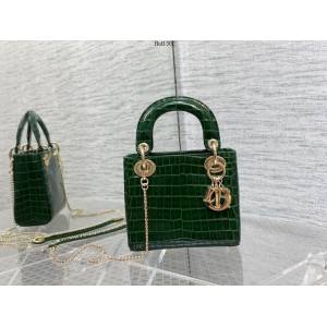Dior專櫃2022新款戴妃包包 迪奧牛皮壓鱷魚紋Mini lady三格手提包 fkd1302
