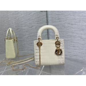Dior專櫃2022新款戴妃包包 迪奧牛皮壓鱷魚紋Mini lady三格手提包 fkd1303