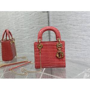 Dior專櫃2022新款戴妃包包 迪奧牛皮壓鱷魚紋Mini lady三格手提包 fkd1305