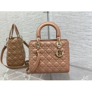 Dior專櫃2022新款Lady包 迪奧玫瑰粉羊皮Lady最新翻蓋羊皮五格戴妃包 fkd1558