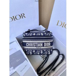 Dior專櫃2022新款女包 迪奧老花藍小號斜挎刺繡化妝包 fkd1715