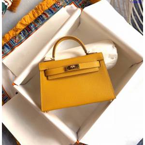 Hermes專櫃經典款手提女包 愛馬仕mini Kelly2代9D琥珀黃 ttd1006
