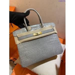 Hermes專櫃經典款Birkin手提女包 愛馬仕鉑金包高光尼羅鱷魚皮 斑鳩灰 手工蠟線縫製 ttd1174
