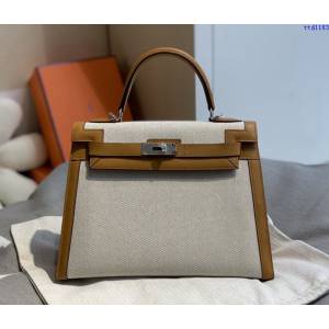 Hermes專櫃經典款Kelly手提女包 愛馬仕太妃金swift拼帆布 中古包 ttd1183