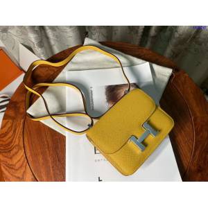 Hermes專櫃新款Constance女包 愛馬仕康康琥珀黃epsom皮迷你單肩斜挎包 ttd1247