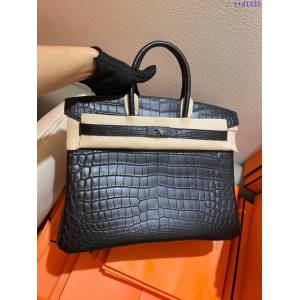 Hermes專櫃經典款birkin35手提女包 愛馬仕純水染尼羅霧面皮黑色黑扣三張皮手工縫鱷魚皮包 ttd1335