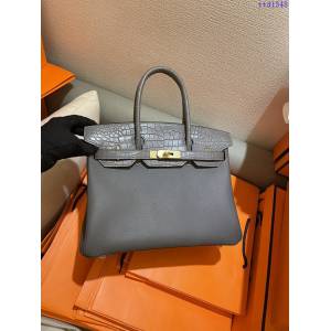 Hermes專櫃經典款手縫蠟線手提女包 愛馬仕Birkin女包touch瀝青灰拼尼羅鱷魚肚皮 ttd1348