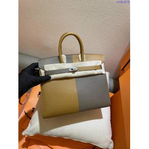 Hermes專櫃經典款手提女包 愛馬仕三拼色Birkin小極品外縫25芝麻色拼大象 ttd1470