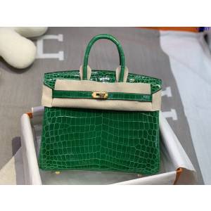 Hermes專櫃經典款鱷魚皮包 愛馬仕birkin25翠綠色尼羅高光三張皮銀扣全手工 ttd1517