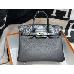 Hermes專櫃Birkin手提女包 愛馬仕togo皮搭配雙面鱷魚皮蓋頭蠟線手縫鉑金包 zhh1004