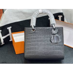 Dior專櫃手提鱷魚皮女包 迪奧24CM黑扣五格戴妃包 zhh1056