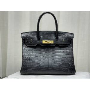 Hermes專櫃蜜蠟線手工縫製Birkin手提女包 愛馬仕鉑金黑色尼羅鱷魚皮包 zhh1058