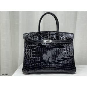 Hermes專櫃鉑金手提女包 愛馬仕Birkin30黑色高光尼羅鱷魚肚皮蜜蠟線全手工縫製手袋 zhh1090