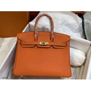Hermes專櫃經典款鉑金手提女包 愛馬仕birkin25橙色togo皮金扣手縫蠟線女包 zhh1180