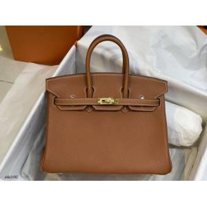 Hermes專櫃經典款鉑金手提女包 愛馬仕birkin25金棕色togo皮金扣手縫蠟線女包 zhh1182