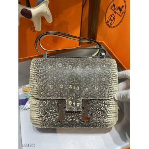 Hermes專櫃經典款Constance女包 愛馬仕康康24CM蜥蜴皮原花色銀扣手袋 zhh1205