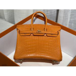 Hermes專櫃經典款鱷魚皮Birkin手提女包 愛馬仕鉑金25橙色進口中光美洲鱷魚肚皮純手工女包 zhh1216