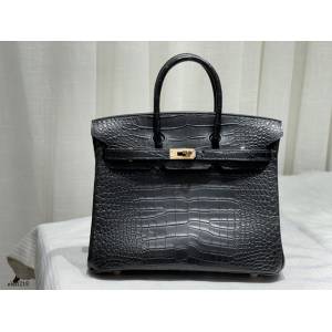 Hermes專櫃經典款鱷魚皮Birkin手提女包 愛馬仕鉑金25CM玫瑰金進口霧面美洲鱷魚肚皮純手工女包 zhh1218