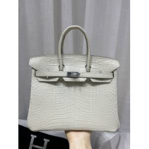 Hermes專櫃經典款鱷魚皮Birkin手提女包 愛馬仕鉑金25CM8L冰川白美洲鱷魚皮純手工女包 zhh1219