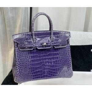 Hermes專櫃經典款鱷魚皮Birkin手提女包 愛馬仕鉑金25CM銀扣進口高光美洲鱷魚肚皮純手工女包 zhh1229