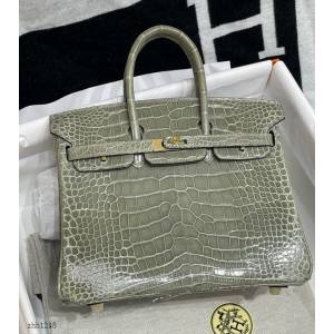 Hermes專櫃經典款鱷魚皮Birkin手提女包 愛馬仕鉑金25CM純手縫斑鳩灰高光尼羅鱷魚肚皮女包 zhh1248