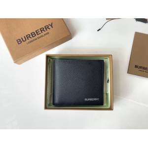 Burberry專櫃新款男士短夾錢包 巴寶莉黑色小牛皮對折短夾 yxb1020