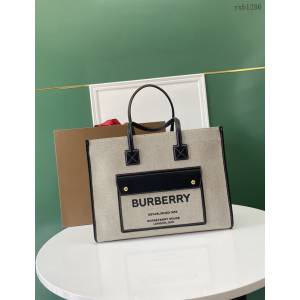 Burberry專櫃新款手提女包購物袋 巴寶莉大號雙色帆布拼皮皮革Freya義大利精製托特包 yxb1286