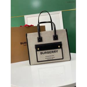 Burberry專櫃新款手提女包購物袋 巴寶莉中號雙色帆布拼皮皮革Freya義大利精製托特包 yxb1287