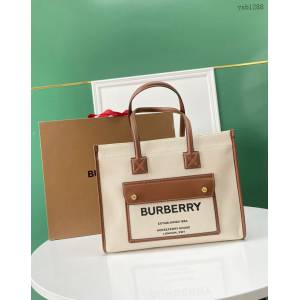 Burberry專櫃新款手提女包購物袋 巴寶莉中號雙色帆布拼皮皮革Freya義大利精製托特包 yxb1288