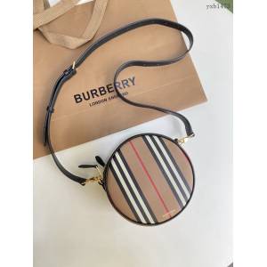 Burberry專櫃新款圓餅包 巴寶莉棉質帆布拼皮革圓形斜挎包 yxb1473
