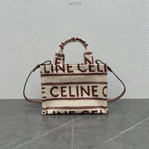 Celine專櫃新款條紋織物托特包 賽琳浮雕logo手提斜挎購物袋 xxl1151