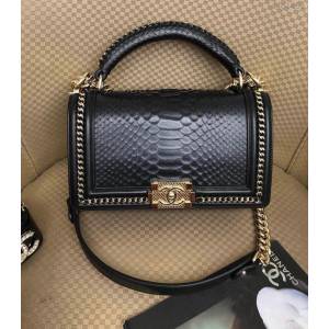 CHANEL女包 A94804 新款經典leboy大蟒蛇皮 牛皮革手柄編織金屬邊 手提單肩口蓋包 香奈兒手拎包 djc1491