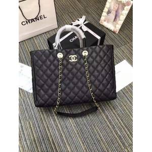 CHANEL女包 A93525 最新款 棱格子顆粒壓花小球紋牛皮 手柄母子購物袋 黑色 香奈兒大號手提包 djc1541