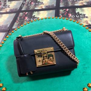 Gucci經典款女包 409487 古馳經典款 黑色全皮 GG鎖扣包 Gucci鏈條肩背斜挎包  gqy2627