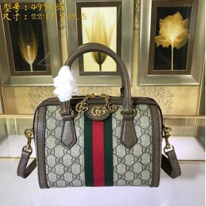 Gucci高仿專櫃女包 499688 古奇經典雙G帆布配皮小號圓筒包 古馳女士手腕包  gqy3136