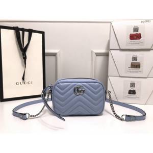 Gucci經典款女包 448065 古馳GG Marmont 2020ss春夏馬卡龍新色相機包 Gucci霧霾藍全皮單肩斜挎包  gqy3880