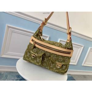 路易威登LV男包 LV牛仔布綠色正面雙小袋郵差男士挎包 M95050綠色 中古絕版斜挎手提包 xxlv1382