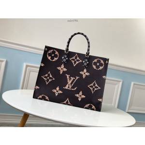 路易威登LV女包 M44576黑白拼豹紋 Onthego手袋 LV新款大號手提購物包 咖色大字絲印媽咪袋購物袋 xxlv1761