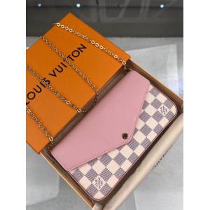 路易威登LV錢包 N60235 Pochette Félicie鏈條錢夾 LV白格配粉色皮革翻蓋長夾 xxlv2334