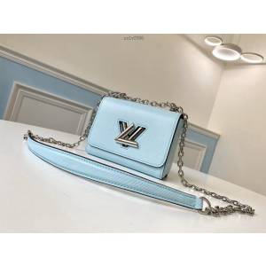 路易威登LV女包 M56372 淺藍迷 Twist迷你手袋 LV水波紋銀色鏈條斜挎包 xxlv2586