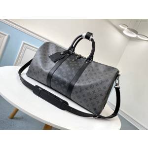 路易威登LV旅行包 M45392 KEEPALL50旅行袋 LV新款黑銀拼色拼接旅行袋 LV男士手提旅行袋 xxlv2930