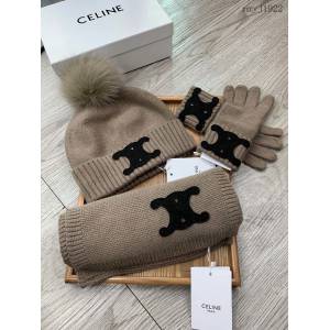 Celine思琳專櫃2023新品狐狸毛帽子圍巾手套 賽琳情侶款三件套羊毛套裝 mmyj1922